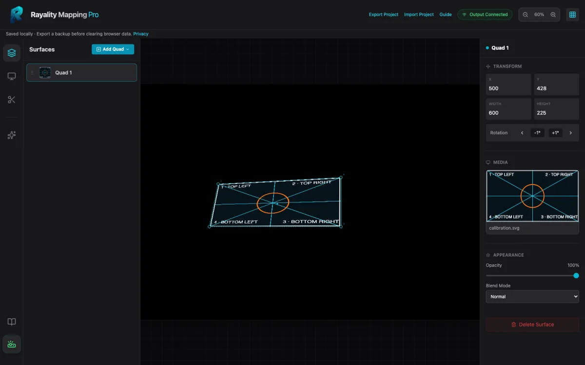 Rayality 編輯器的四角校正畫面與投影輸出